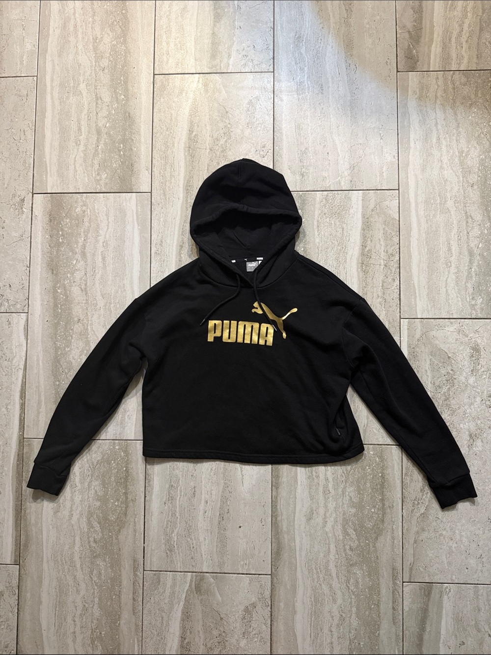 Puma Black Crop Hoodie with Gold Logo